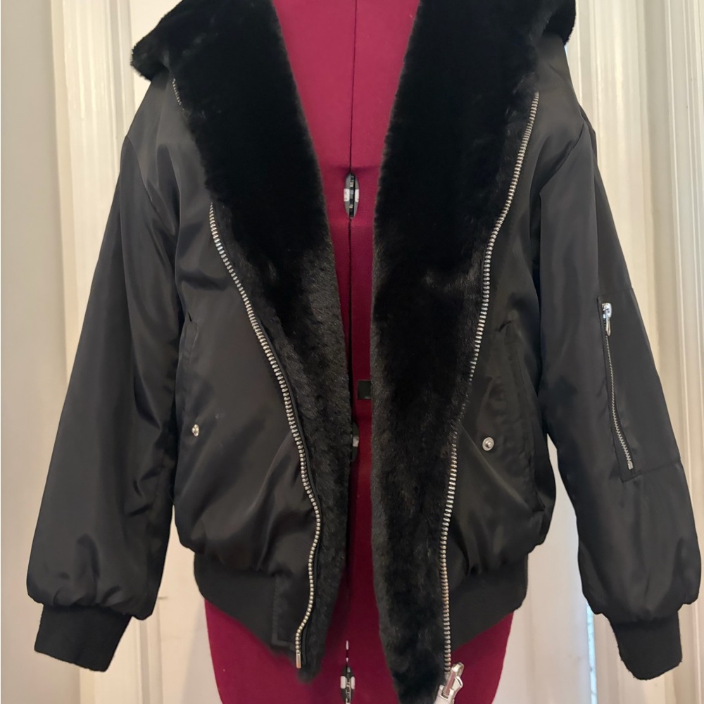 Love Token Black Faux Fur Trim Bomber Jacket with Hood